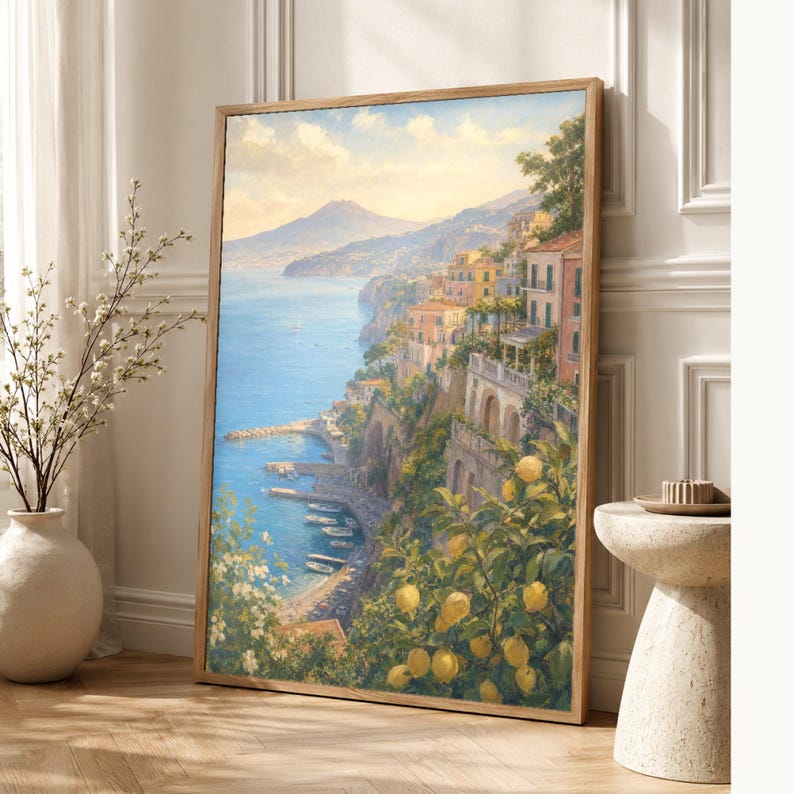 Sorrento Travel Poster | Soft Painting Italy Wall Art | Bay of Naples Coastal Print | Printed & Shipped image 1