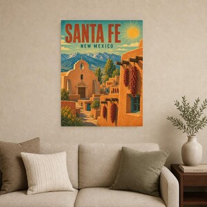 Santa Fe Travel Poster | Vintage Adobe Pueblo Print | New Mexico Wall Art Print | Mid Century City Decor image 8