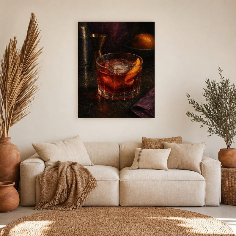Boulevardier Cocktail Print | Moody Bar Cart Wall Art Print | Whiskey Negroni Still Life image 7