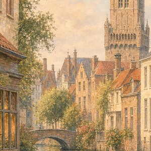 Bruges Travel Poster | Soft Painting Belgium Wall Art | Medieval Canal Cityscape Print | Printed & Shipped image 3