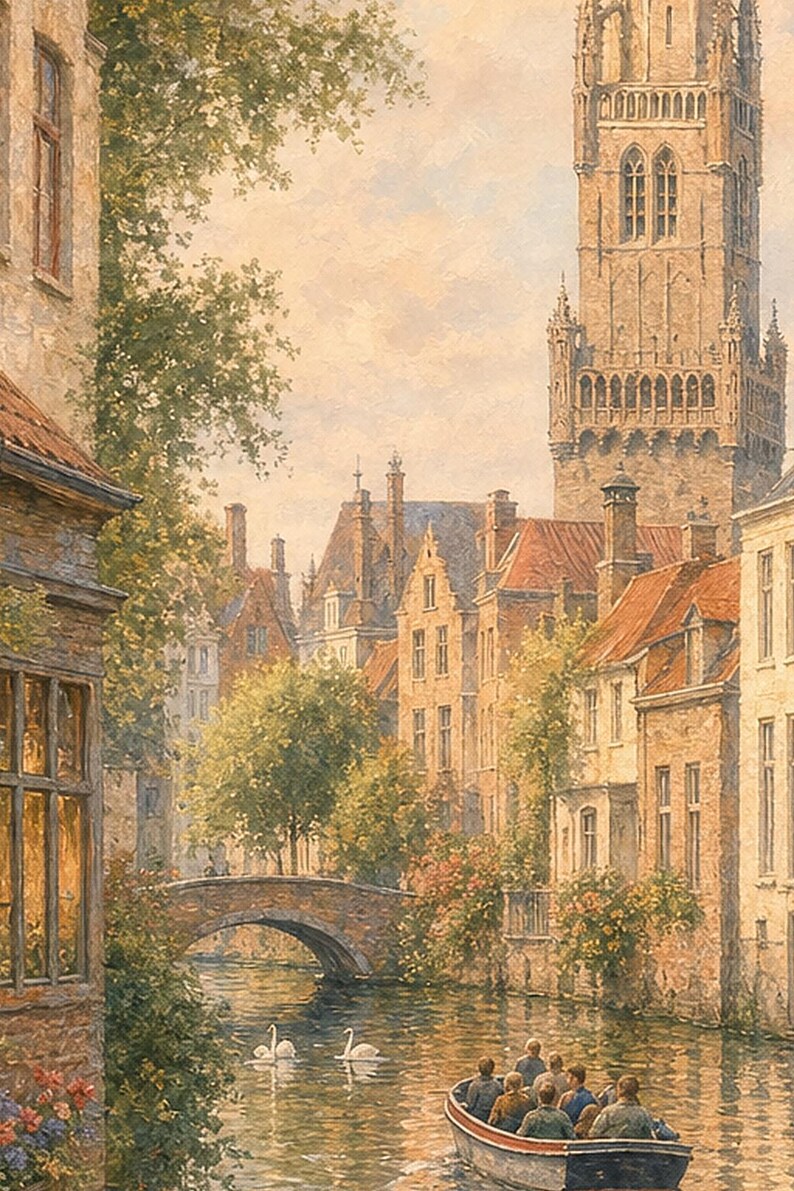 Bruges Travel Poster | Soft Painting Belgium Wall Art | Medieval Canal Cityscape Print | Printed & Shipped image 3