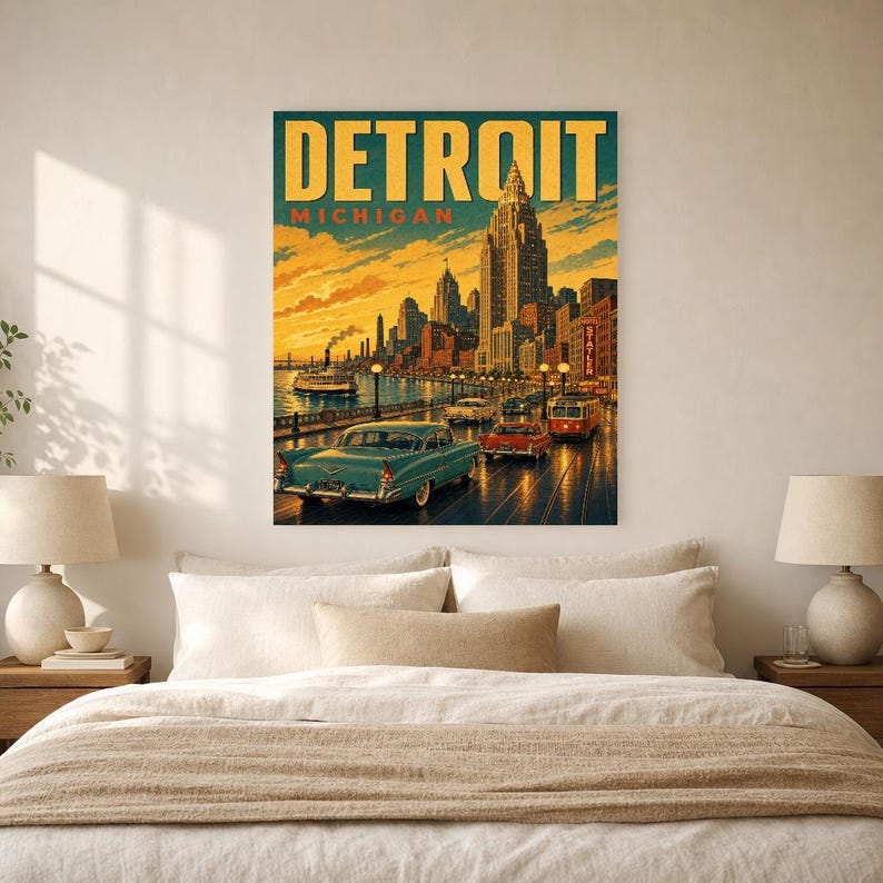 Detroit Travel Poster | Vintage 1950s Motor City Print | Michigan Wall Art Print | Mid Century City Decor image 5