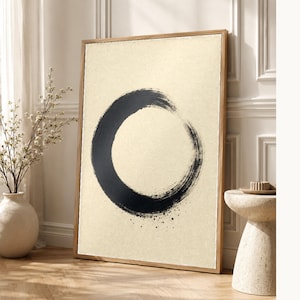 Zen Enso Circle Japandi Wall Art Print | Black Ink on Cream | Wabi Sabi Mono Brushstroke Print image 1