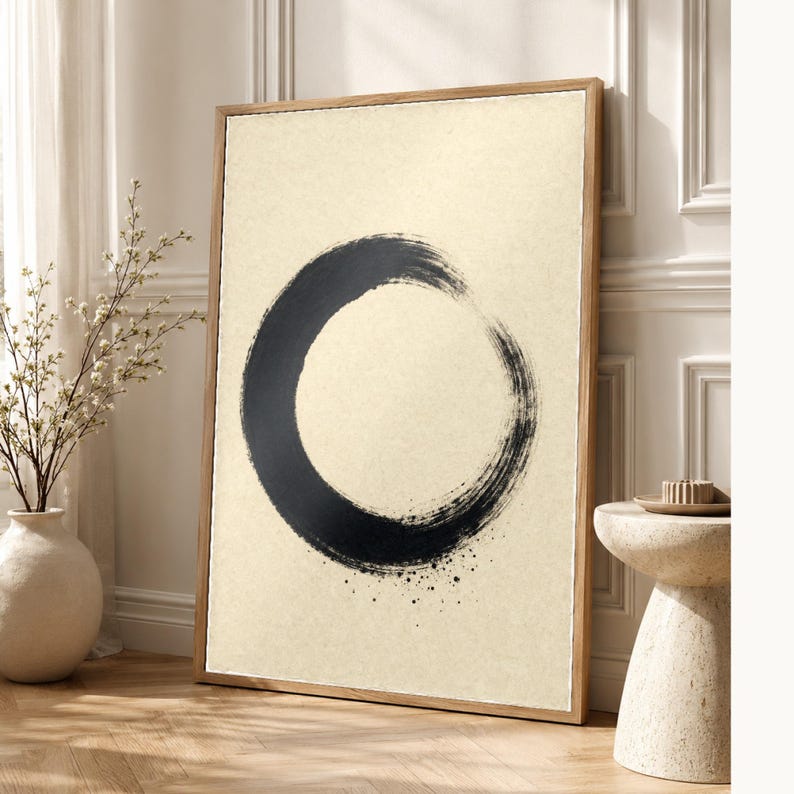 Zen Enso Circle Japandi Wall Art Print | Black Ink on Cream | Wabi Sabi Mono Brushstroke Print image 1