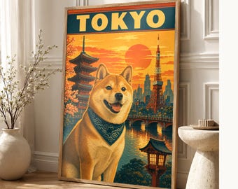 Your Dog in Tokyo | Custom Pet Portrait From Photo | Personalized Dog Cat Travel Poster Gift | Vintage Wall Art