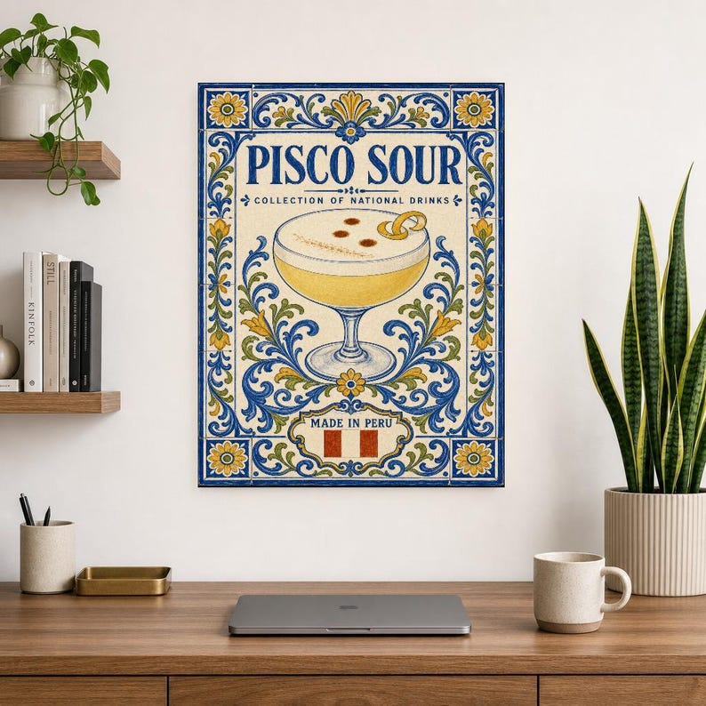 Pisco Sour Cocktail Tile Wall Art Print | Peru National Drink Poster | Azulejo Bar Cart Print | Maiolica Kitchen Decor image 8