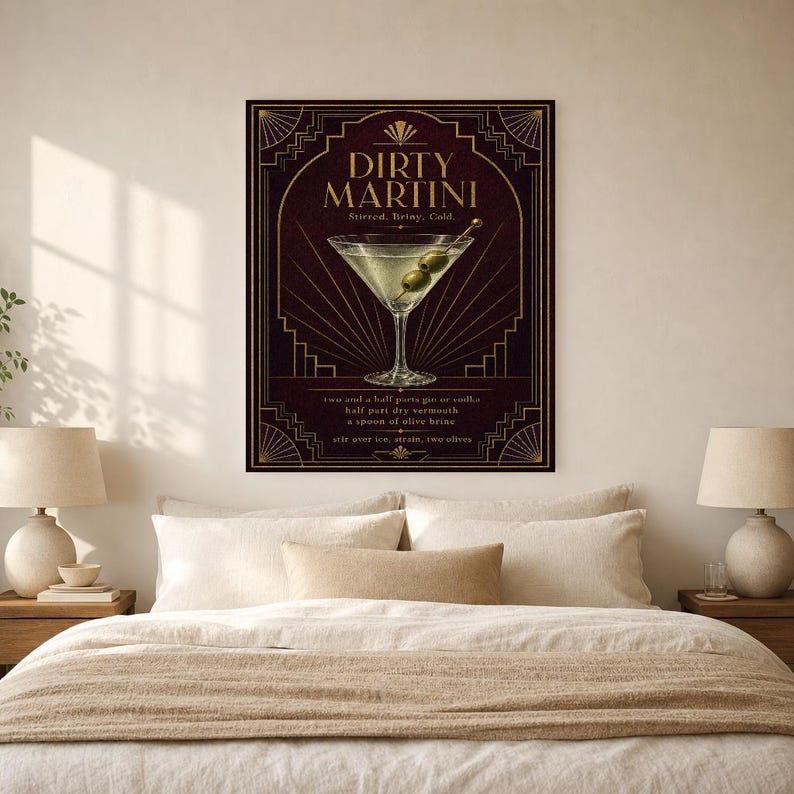 Olive Green Art Deco Dirty Martini Recipe Wall Art Print | Gold Cocktail Recipe Poster | Bar Cart Decor Print | Kitchen Wall Art image 6