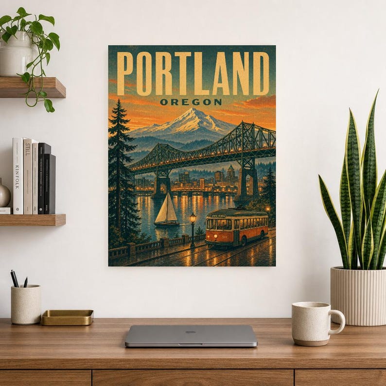 Portland Travel Poster | Vintage Mt Hood Bridge Print | Oregon Wall Art Print | Mid Century City Decor image 7