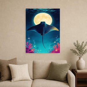 Bioluminescent Manta Ray Poster | Deep Sea Ocean Bathroom Wall Art Print | Dark Coastal Night Print image 12