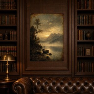 Moody Mountain Lake Rowboat Wall Art Print | Vintage Oil Painting Print | Misty Tonalist Landscape Decor | Ancient Dawn Poster image 5