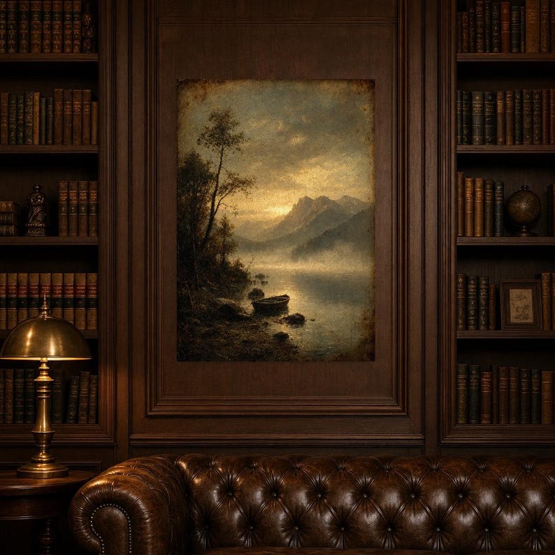 Moody Mountain Lake Rowboat Wall Art Print | Vintage Oil Painting Print | Misty Tonalist Landscape Decor | Ancient Dawn Poster image 5