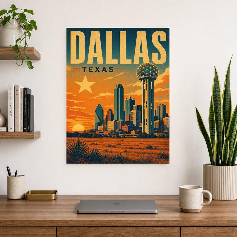 Dallas Travel Poster | Vintage Reunion Tower Skyline Print | Texas Wall Art Print | Mid Century City Decor image 7