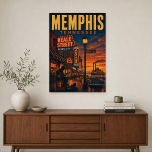 Memphis Travel Poster | Vintage 1950s Beale Street Blues Print | Tennessee Wall Art Print | Mid Century City Decor image 2