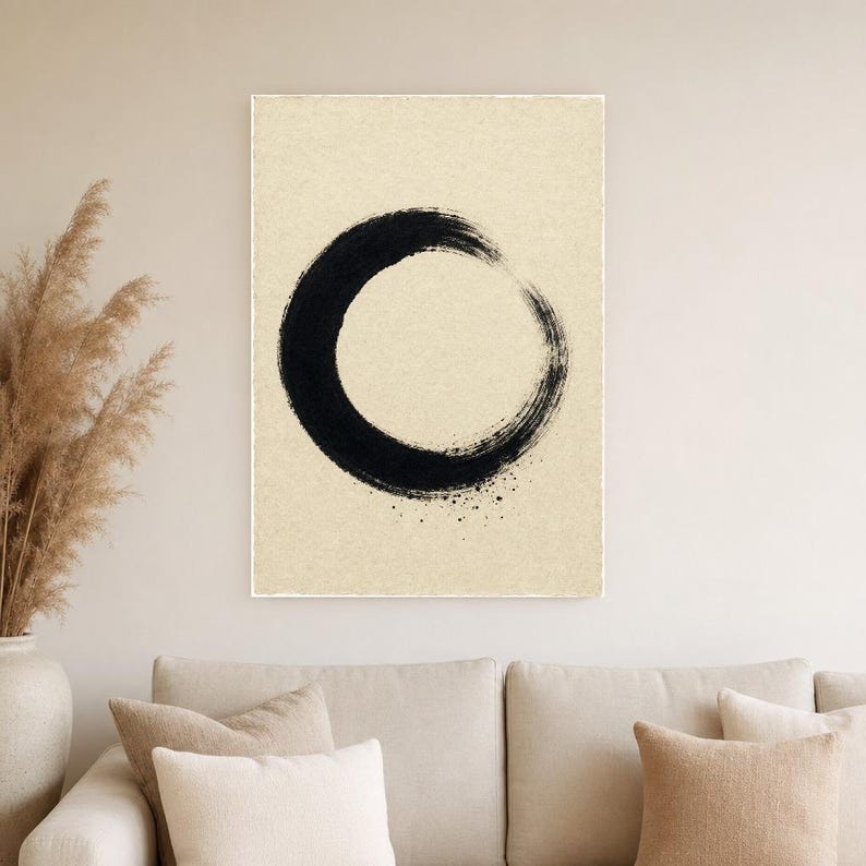 Zen Enso Circle Japandi Wall Art Print | Black Ink on Cream | Wabi Sabi Mono Brushstroke Print image 4