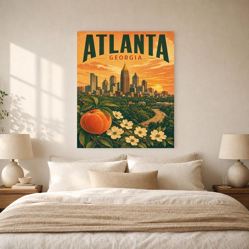 Pôster de viagem de Atlanta | Impressão vintage do horizonte da Geórgia | Arte de parede impressa da Geórgia | Decoração urbana de meados do século imagem 7