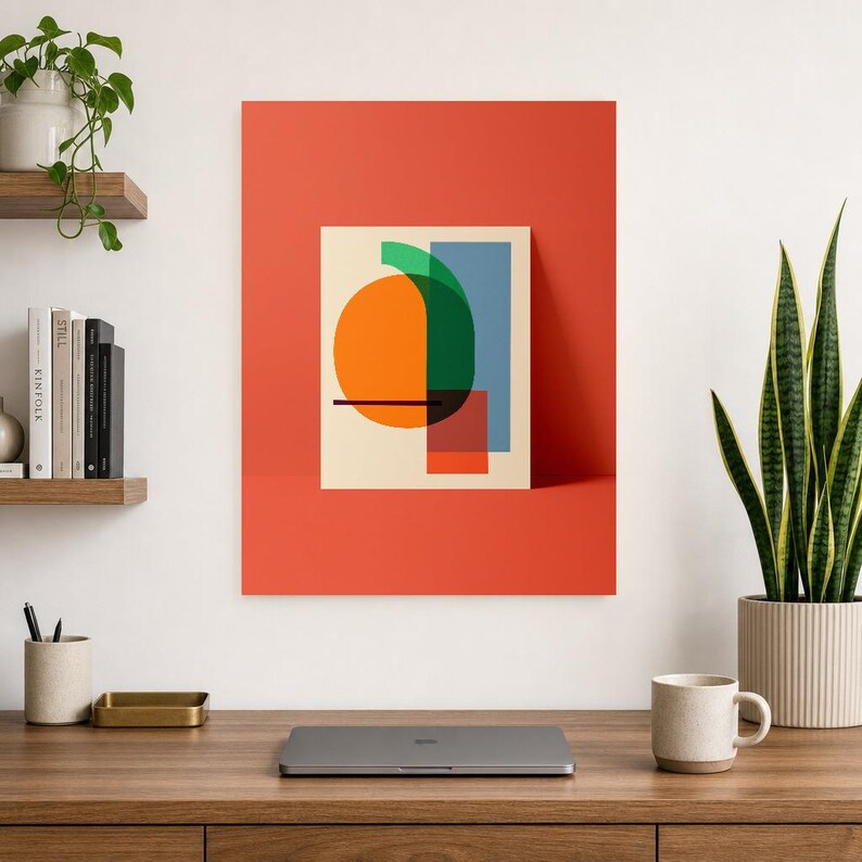 Abstracte muurdecoratie met kaki en wasabi | Opvallende poster met kleurblokken | Moderne geometrische print in mid-century stijl afbeelding 7