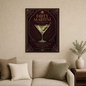 Olive Green Art Deco Dirty Martini Recipe Wall Art Print | Gold Cocktail Recipe Poster | Bar Cart Decor Print | Kitchen Wall Art image 9