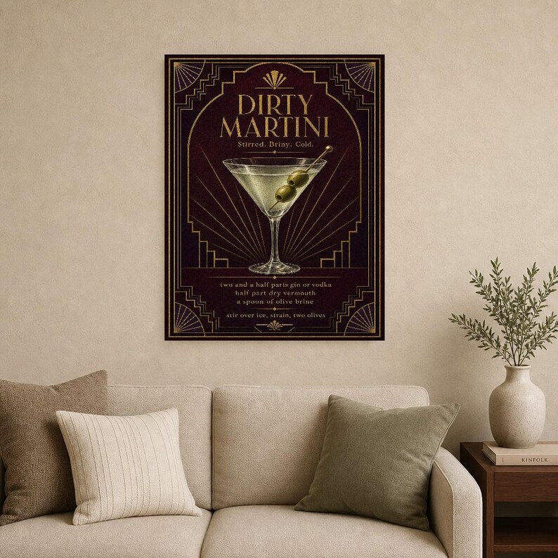 Olive Green Art Deco Dirty Martini Recipe Wall Art Print | Gold Cocktail Recipe Poster | Bar Cart Decor Print | Kitchen Wall Art image 9