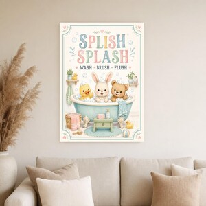 Impresión de arte de pared de baño para niños | Póster al ras del cepillo de lavado Splish Splash | Linda decoración del baño del cuarto de imagen 4