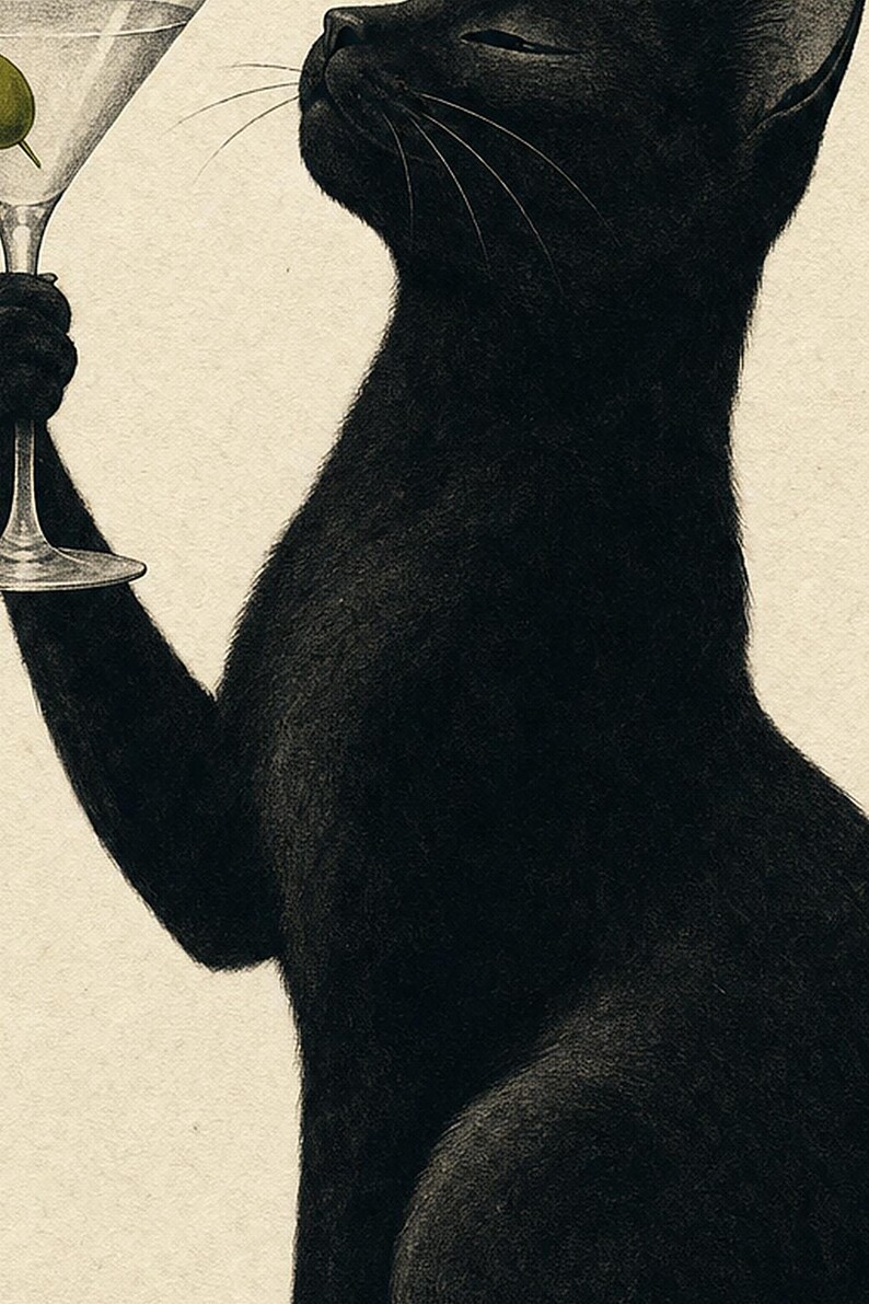 Black Cat Martini Wall Art Print | Olive Cocktail Poster | Bar Cart Print | Funny Black Cat Club Bar Decor image 3