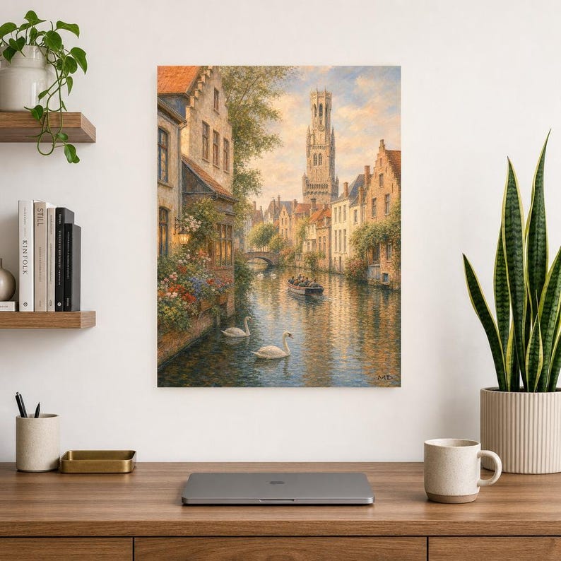 Bruges Travel Poster | Soft Painting Belgium Wall Art | Medieval Canal Cityscape Print | Printed & Shipped image 8