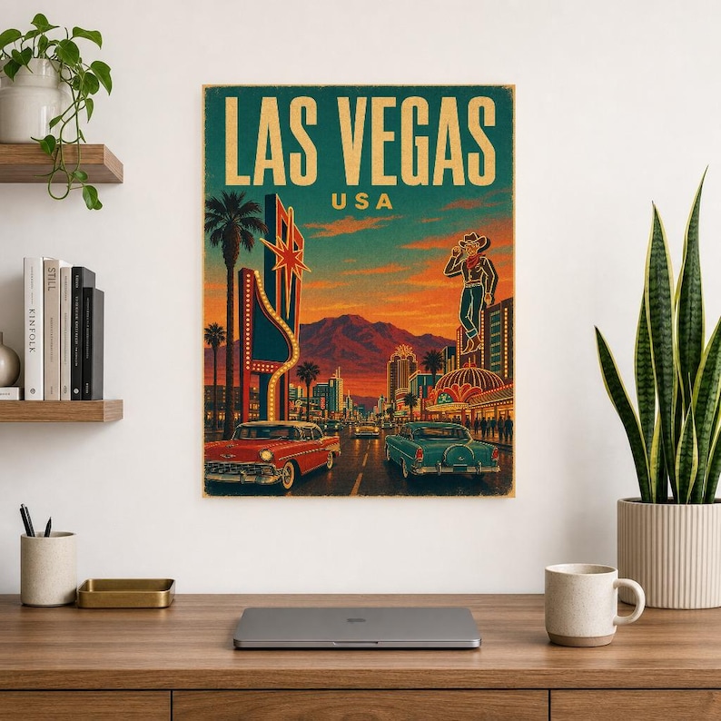 Las Vegas Travel Poster | Vintage 1950s Neon Strip Print | Retro Nevada Wall Art | Mid Century City Decor image 8