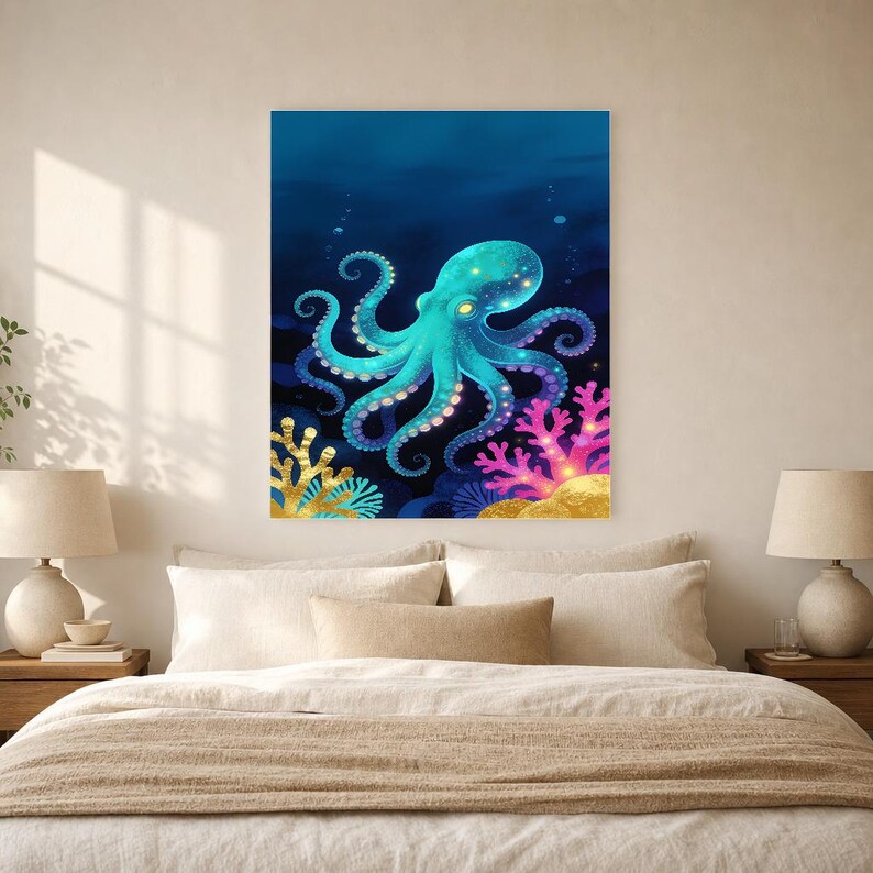 Bioluminescent Octopus Poster | Deep Sea Ocean Bathroom Wall Art Print | Dark Coastal Night Print image 6