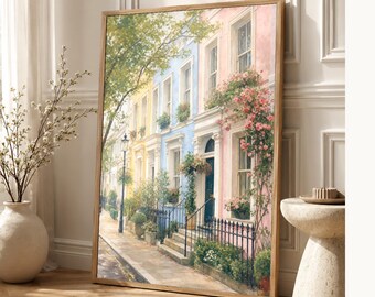 Notting Hill London Poster | Wandbild mit sanften Farben | Pastellfarbene Häuser | Gedruckt & Versand