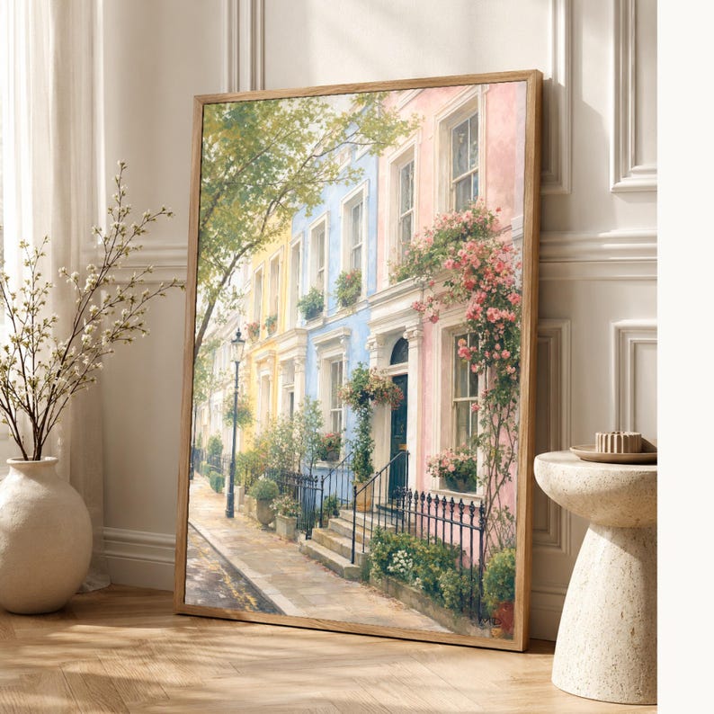 Notting Hill London Poster | Wandbild mit sanften Farben | Pastellfarbene Häuser | Gedruckt & Versand Bild 1