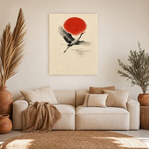 Red Sun Japandi Wall Art Print | Sumi-e Ink Crane Print | Wabi Sabi Living Room Poster image 7