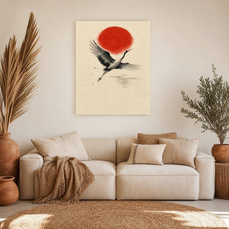 Red Sun Japandi Wall Art Print | Sumi-e Ink Crane Print | Wabi Sabi Living Room Poster image 7