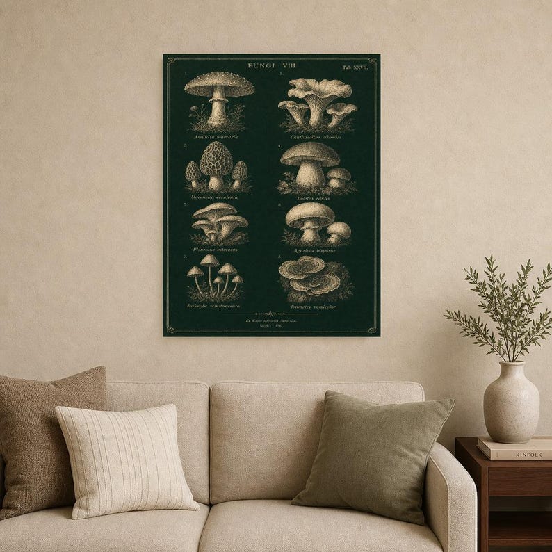 Mushroom Botanical Wall Art Print | Dark Academia Mycology Poster | Vintage Fungi Illustration | Forest Green Natural History Decor image 9