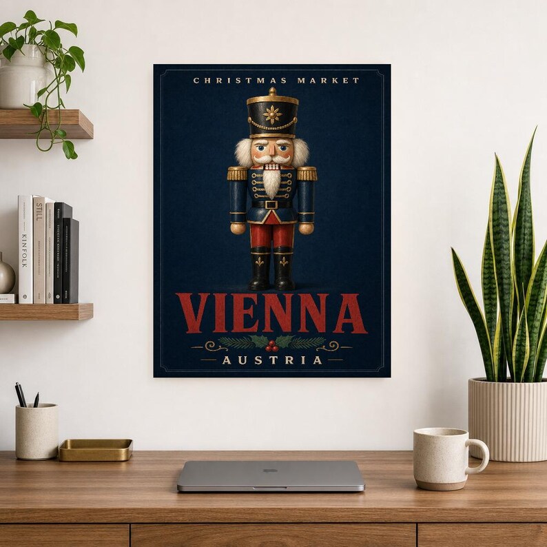 Wiener Weihnachtsmarkt Nussknacker Wandkunst | Österreich Urlaubsposter | Vintage Weihnachtsdruck | Festliches Soldatendekor Bild 8