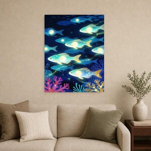 Bioluminescent Fish Shoal Poster | Deep Sea Ocean Bathroom Wall Art Print | Dark Coastal Night Print image 12
