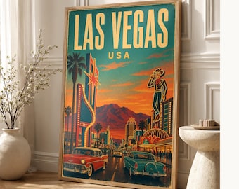 Las Vegas Travel Poster | Vintage 1950s Neon Strip Print | Retro Nevada Wall Art | Mid Century City Decor