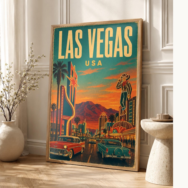Las Vegas Travel Poster | Vintage 1950s Neon Strip Print | Retro Nevada Wall Art | Mid Century City Decor image 1
