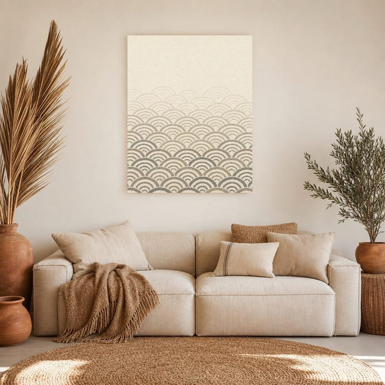 Set da parete neutro per la galleria Japandi Wall Art | Onde Seigaiha di salvia di sabbia | Stampa Wabi Sabi immagine 7