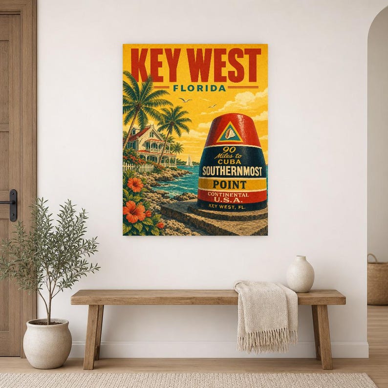 Key West Travel Poster | Vintage Southernmost Point Print | Florida Wall Art Print | Mid Century City Decor image 9