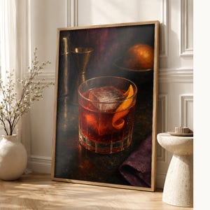 Boulevardier Cocktail Print | Moody Bar Cart Wall Art Print | Whiskey Negroni Still Life image 1