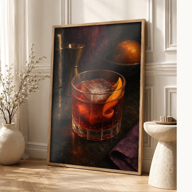 Boulevardier Cocktail Print | Moody Bar Cart Wall Art Print | Whiskey Negroni Still Life image 1