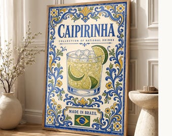 Caipirinha Cocktail Tile Wall Art Print | Brazil National Drink Poster | Azulejo Bar Cart Print | Maiolica Kitchen Decor