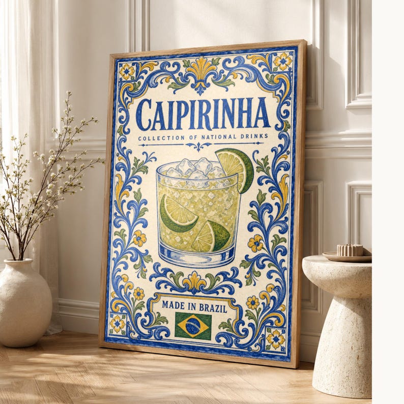 Caipirinha Cocktail Tile Wall Art Print | Brazil National Drink Poster | Azulejo Bar Cart Print | Maiolica Kitchen Decor image 1