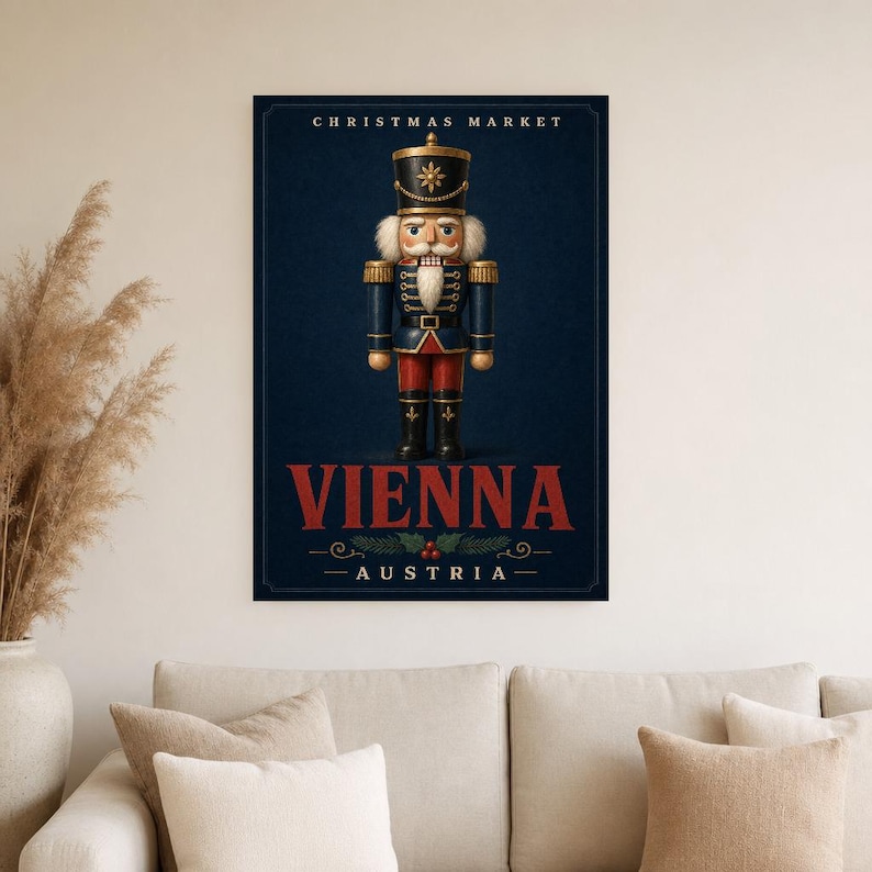 Wiener Weihnachtsmarkt Nussknacker Wandkunst | Österreich Urlaubsposter | Vintage Weihnachtsdruck | Festliches Soldatendekor Bild 4
