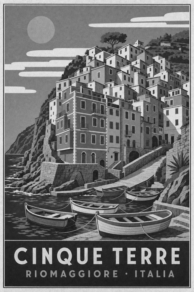 Cinque Terre Travel Poster | Riomaggiore Vintage Wall Art Print | Italian Coast Print | Italian Riviera Decor | Colorful Village Art image 10