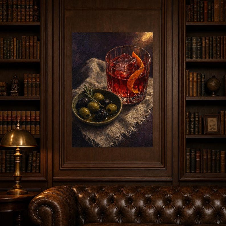 Red Negroni Olives Wall Art Print | Moody Aperitivo Still Life Poster | Bar Cart Decor Print | Cocktail Wall Art image 5