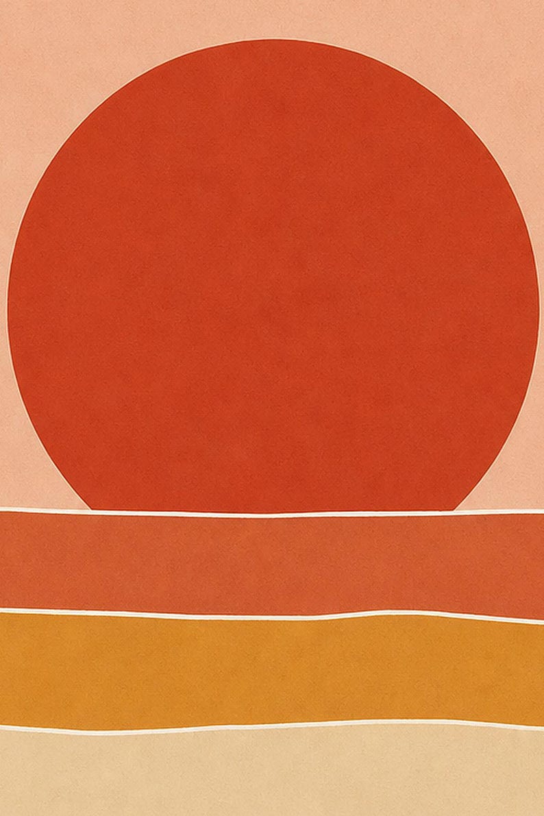 Väggkonsttryck med bränd röd sol i öknen | Minimalistisk terrakottaposter | Soltryck i papper från mitten av århundradet | Boho-inredning bild 3