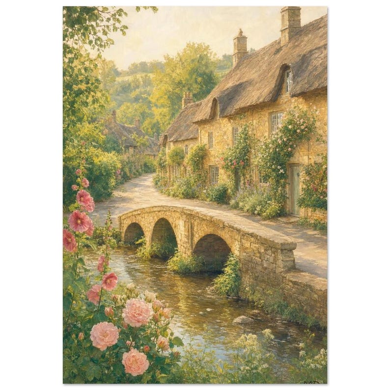 Reiseposter Cotswolds | Wandbild „Weiche Malerei England“ | Kunstdruck eines englischen Dorfhauses | Gedruckt & Versand 70x100 cm / 28x40″