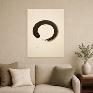 Charcoal Enso Zen Wall Art | Minimalist Ink Brush Circle Poster | Black Cream Meditation Print image 9