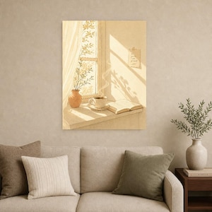 Slow Living Wall Art Print | Morning Coffee Window Poster | Cozy Kitchen Art | Warm Minimal Hand Drawn Wall Decor image 9
