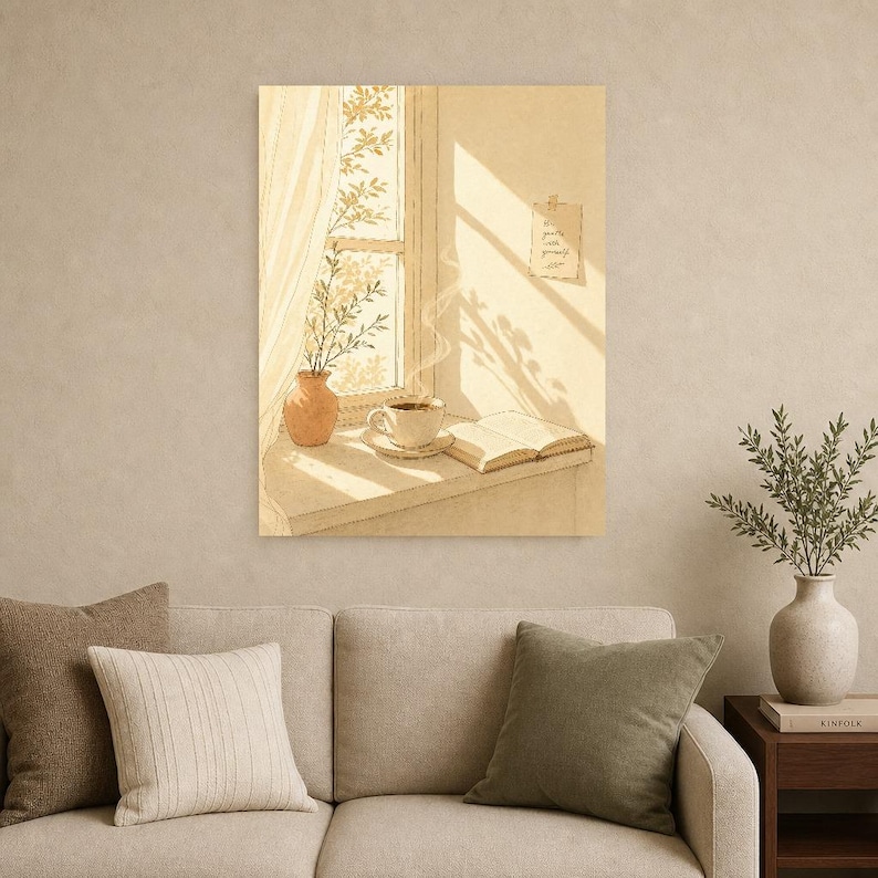 Slow Living Wall Art Print | Morning Coffee Window Poster | Cozy Kitchen Art | Warm Minimal Hand Drawn Wall Decor image 9